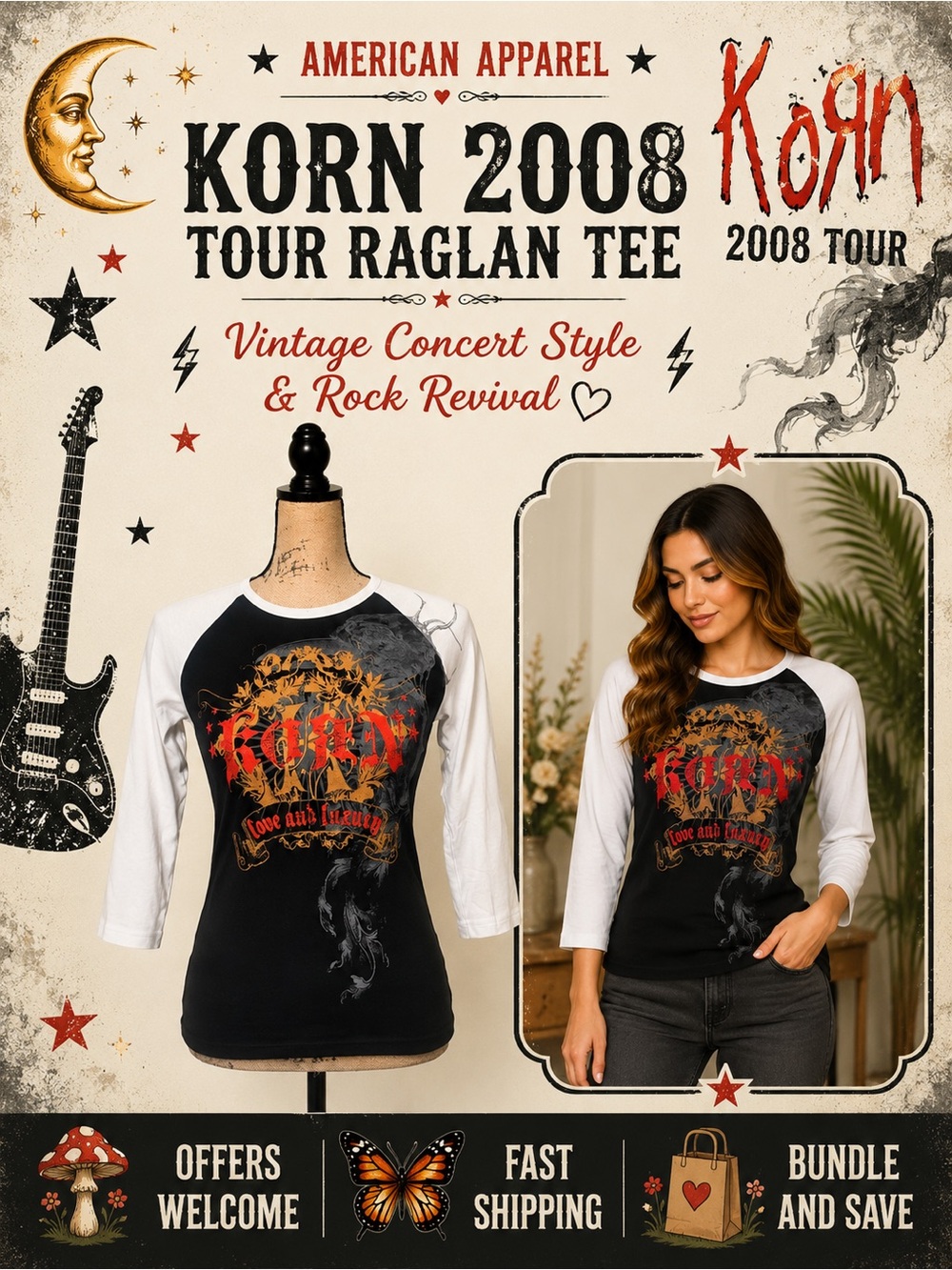 American Apparel Korn 2008 Tour Graphic Raglan Band T Shirt Women’s M